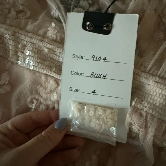 Mac Duggal 9144  V Neck Flounce Sleeve Embellished Mesh Gown in Blush 4 - Picture 7 of 7